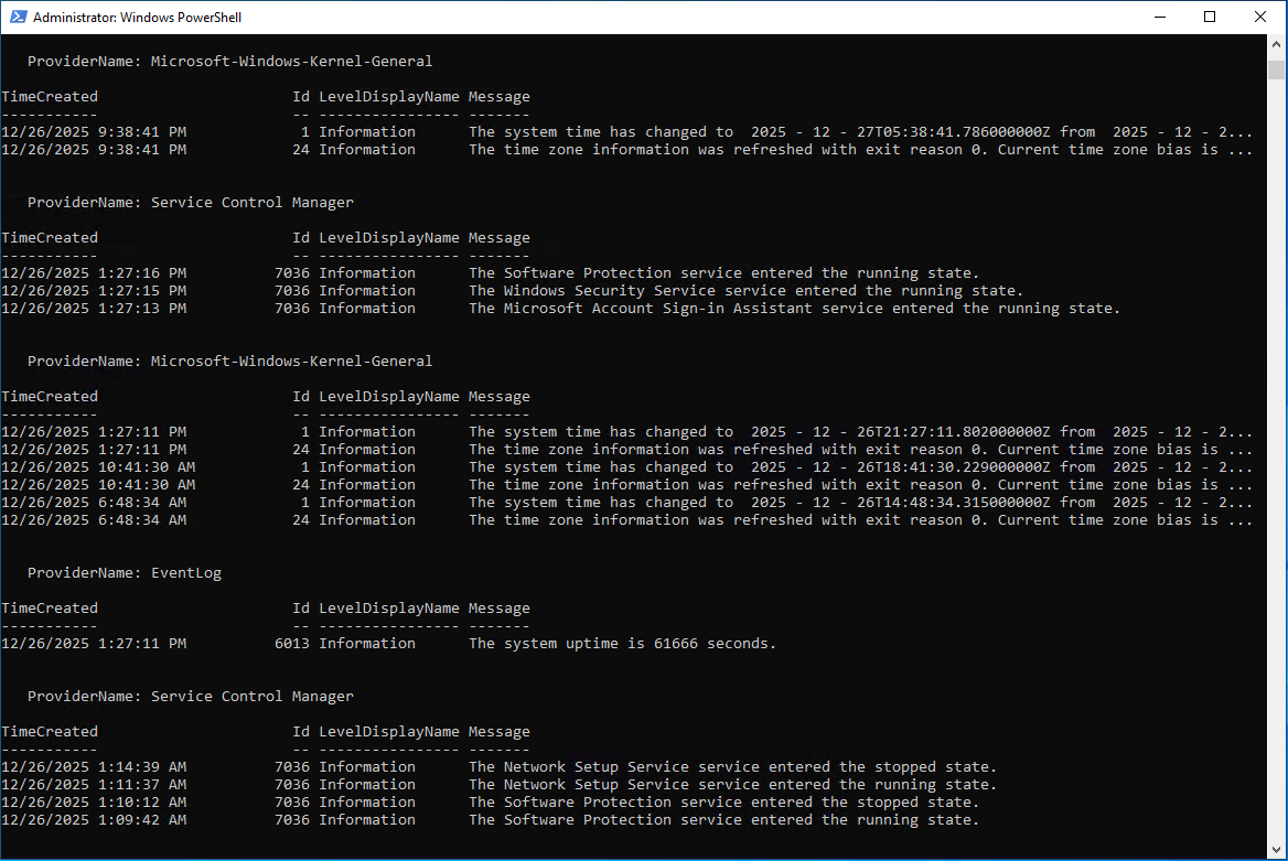 System uptime and time adjustment events